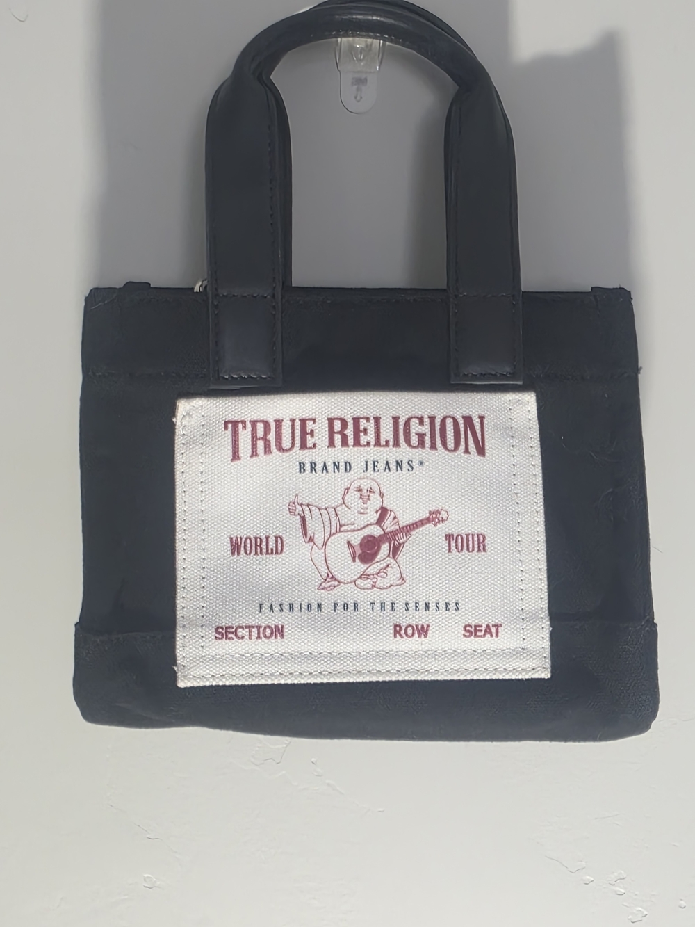 True Religion Black Mini Tote with White Logo Patch and Red Print